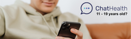 Web Banner - promoting chathealth logo and title 11 to 19 years old?. The image shows a young person using a mobile phone.